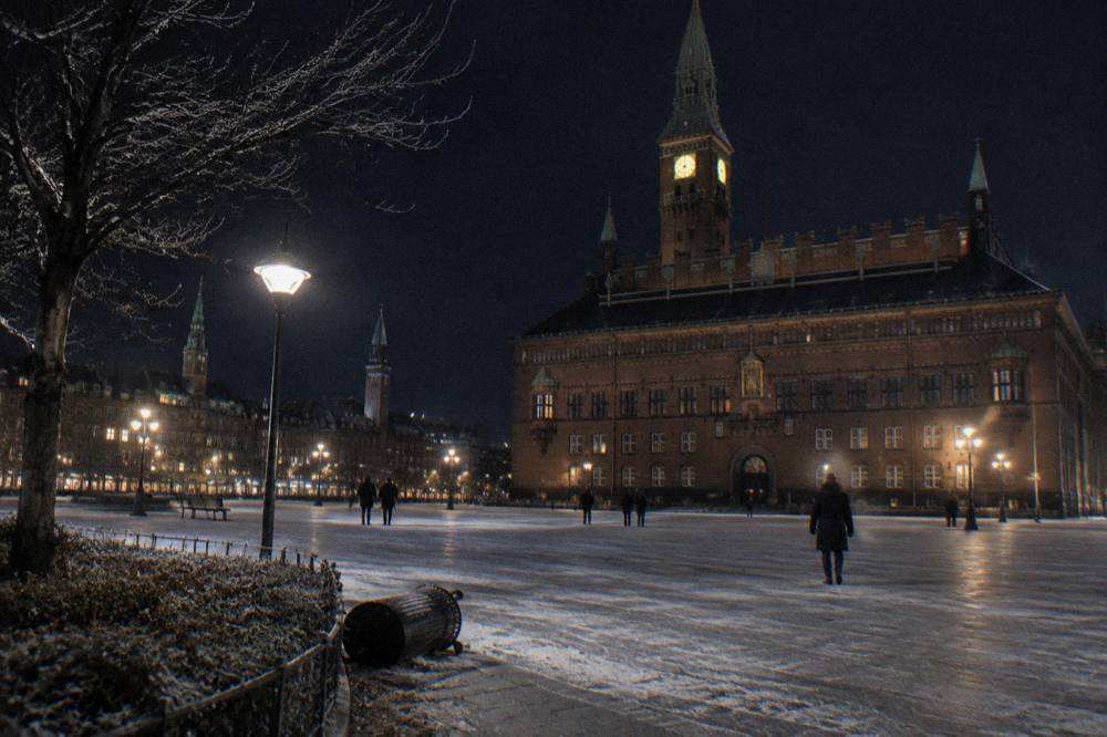 Evening view across a city square with a historic brick clock-tower building lit by streetlamps