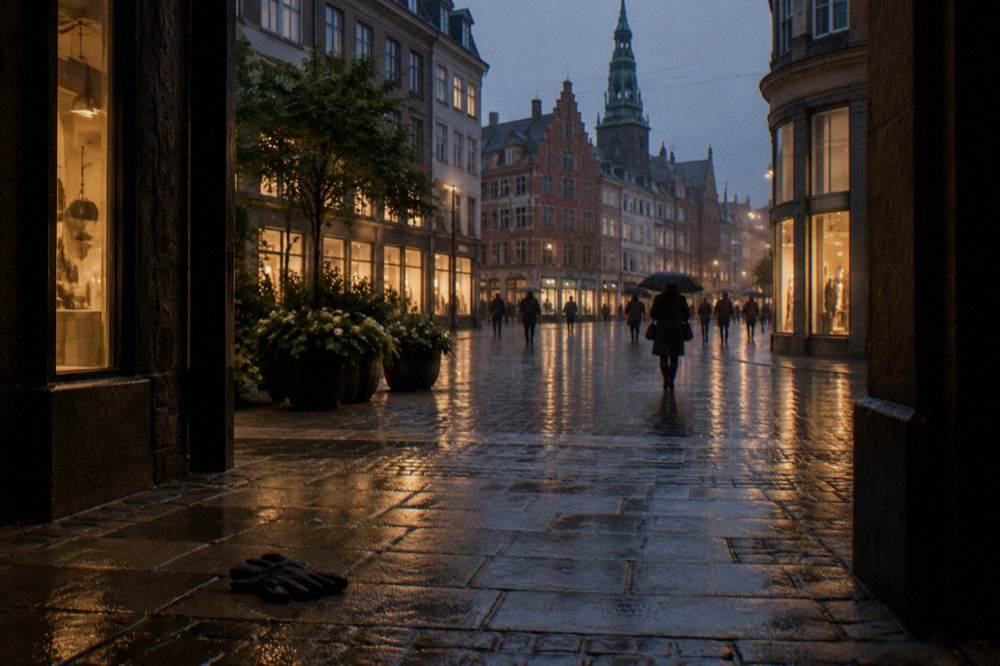 Cobblestone pedestrian street lined with lit shopfronts on a summer evening