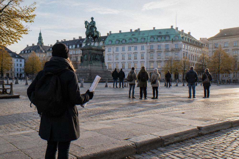 A city square with an equestrian statue and historic buildings where walking tours gather
