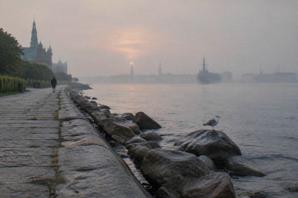 A small bronze statue on a rock at the edge of a harbour promenade
