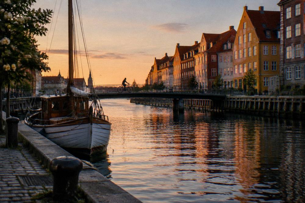 A cyclist crossing a Copenhagen bridge over the harbour at dusk